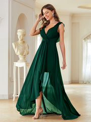 V neck Chiffon Evening Dress Chest Pleated Backless Front Short Back Long Dance Dress Party Dress Bridesmaid Dress