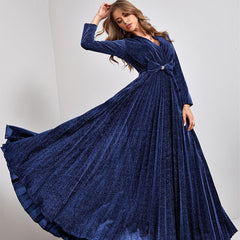 Evening Dress V neck Long Sleeve Big Hem Elegant Dance Dress Party Dress Bridesmaid Dress