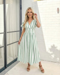 Rhona Green Stripe Dress | Women's Striped Midi Dress