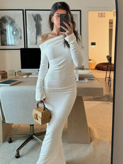 White Skew Collar Long Sleeve Maxi Dress For Women  Autumn Winter New Bodycon Elegant Party Dress Female High Waist