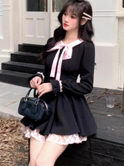 Y2K Black Short Dresses for Women Lace Ruffles Patchwork Long Sleeve A-line Princess Party Dress Korean One Piece Vestido New