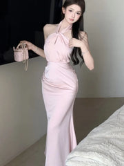 Sexy Bodycon Satin Evening Party Dress Sleeveless Halter Slim Mermaid Summer New Midi Dresses for Women Prom Vestidos Mujer