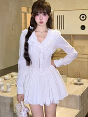 Elegant White Short Dresses for Women Lace Ruffles V-neck A-line Birthday Party Dress Korean Korean Y2K One Piece Mini Vestido