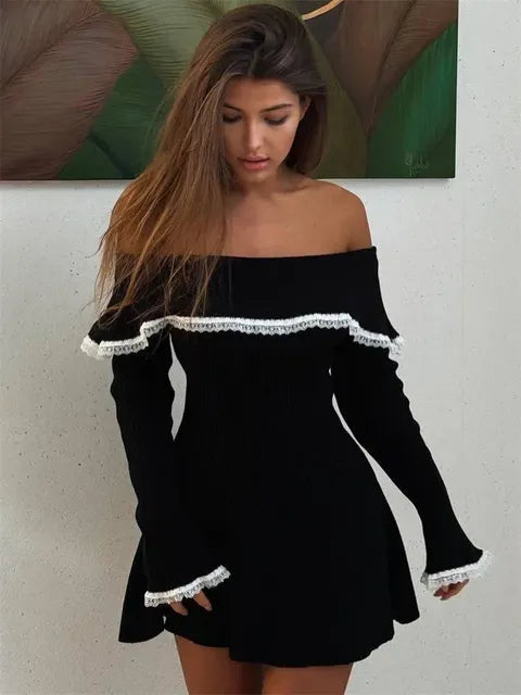 Knit Off-Shoulder Sweater Mini Dress Women’s Lace Patchwork Ribbed Slim Backless Elegant Party Dress Knitwear Mini Dress