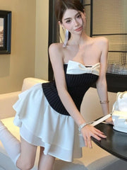 Sexy Striped Patchwork Short Dresses for Women Strapless Layered Ruffles A-line Bow Birthday Party Dress Korean Fashion Vestido