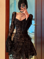 French Sexy Lace Mini Dress Women Y2K Off Shoulder Lace Up Ruffles A-line Autumn Spring Long Sleeve Party Dress Prom Vestidos