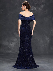 Line neck pleated tint sequin velvet fishtail Dress Evening Gown Ball dress Party dress Bridesmaid dress