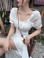 Y2K Long Dresses for Women Puff Sleeve Lace-up A-line Off Shoulder Club Party Dress Summer New Korean Chic One Piece Vestido