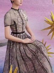 Vintage Party Dress Fashion O Neck Short Sleeve Lace Mesh Embroidery Elegant Long Dresses For Women 2025 Spring Summer 8980