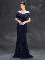 Line neck pleated tint sequin velvet fishtail Dress Evening Gown Ball dress Party dress Bridesmaid dress