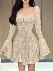 French Sexy Lace Mini Dress Women Y2K Off Shoulder Lace Up Ruffles A-line Autumn Spring Long Sleeve Party Dress Prom Vestidos