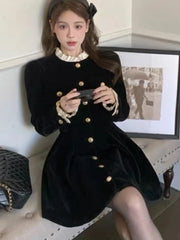 Autumn Black Velvet Dresses for Women Long Sleeve Single Breasted Evening Party Dress Korean Fashion A-line Vestido Mujer New