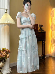 French Vintage Floral Ruffles Midi Dresses for Women Lace Square Collar Puff Sleeve Elegant Princess Birthday Party Dress New