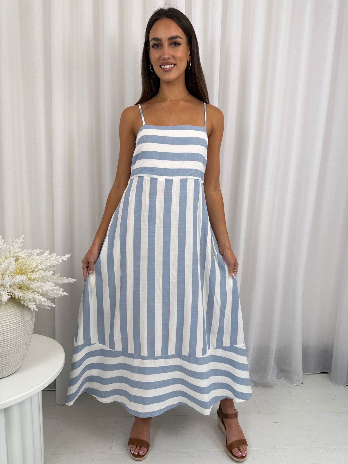 Teyana Blue Stripe Dress | Women's Striped Midi Dress