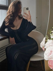 Hollow Out Knitwear Backless Long Dress Women’s Slim High Waist Skinny Autumn  Elegant Party Dress Female Knit Dress