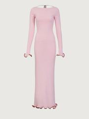 Knit Sweater Ruffled Long Dress Women Backless Fashion Ribbed Long Sleeve Elegant Party Dress Female Knitwear Autumn Dress