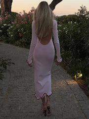 Knit Sweater Ruffled Long Dress Women Backless Fashion Ribbed Long Sleeve Elegant Party Dress Female Knitwear Autumn Dress