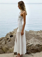 Tee Bow Mesh Patchwork Long Dress Women’s Bandage See-Through Beach Holiday Party Dress Elegant Slim Maxi Dress Summer New