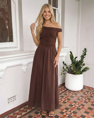 Vixen Dress Brown | Women's One Shoulder Ruched Maxi Dress