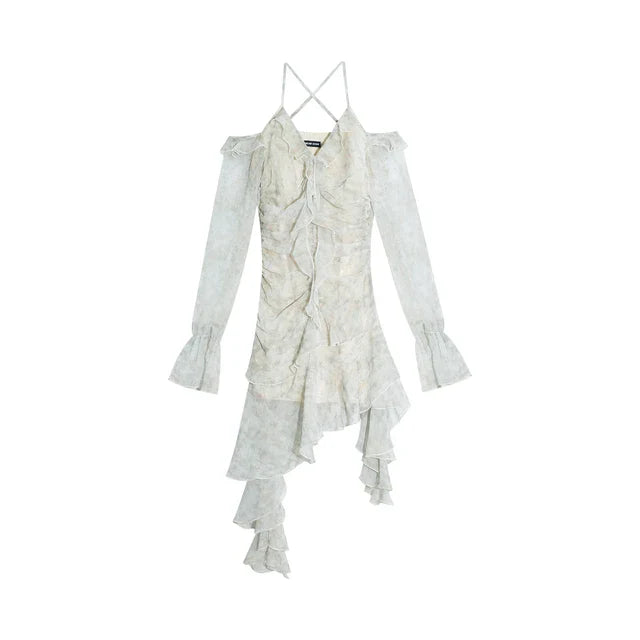 Y2K Ruffles Irregular Short Dress Women Summer New Tie Dye Flare Sleeves Spring Elegant Party Dress Prom Robe Halter Vestidos