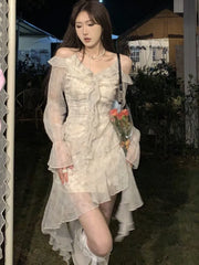 Y2K Ruffles Irregular Short Dress Women Summer New Tie Dye Flare Sleeves Spring Elegant Party Dress Prom Robe Halter Vestidos