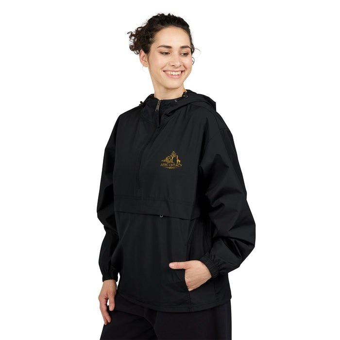 Black Packable Anorak Jacket with Gold Floral Chest Emblem — Lightweight Hooded Windbreaker ASIG LEGACY