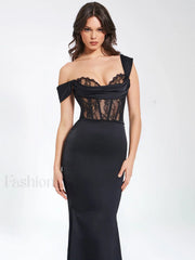Callista Black Satin Charming Lace Corset Maxi Dress