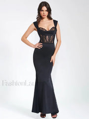 Callista Black Satin Charming Lace Corset Maxi Dress