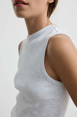 Close-up of a model wearing a light gray sleeveless mock-neck tank top against a plain light background.