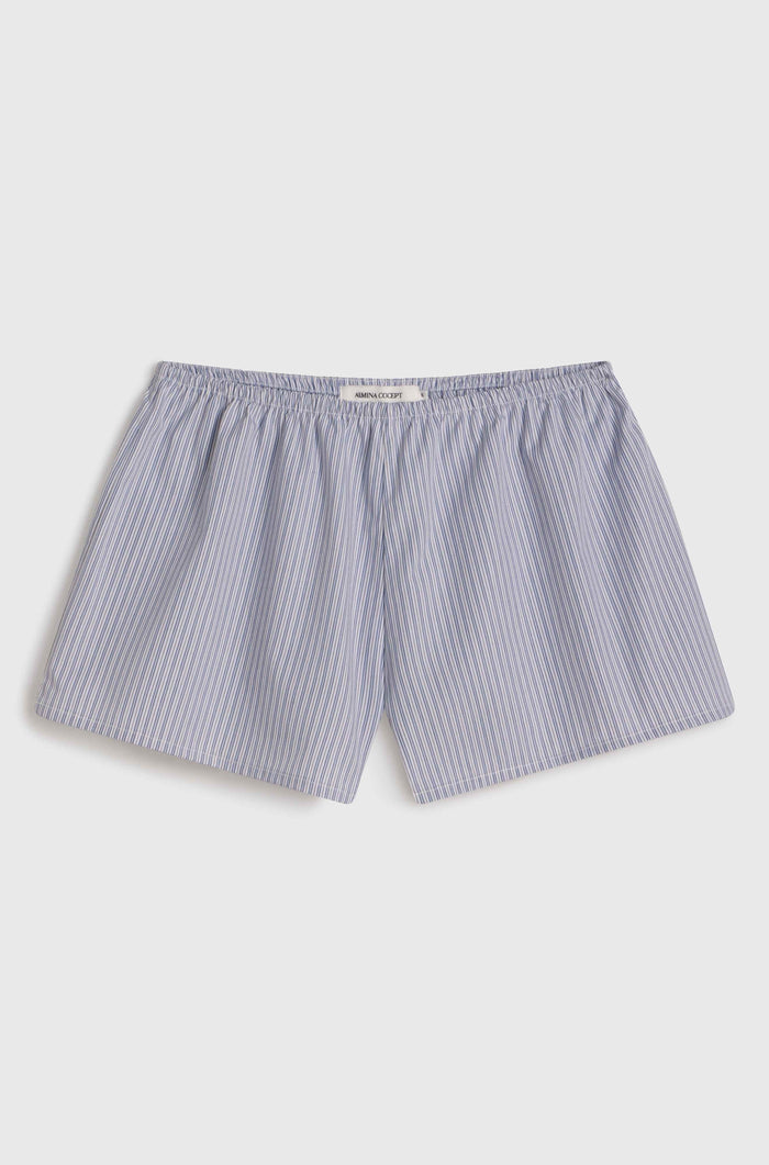 Blue and white striped boxer shorts on a light gray background