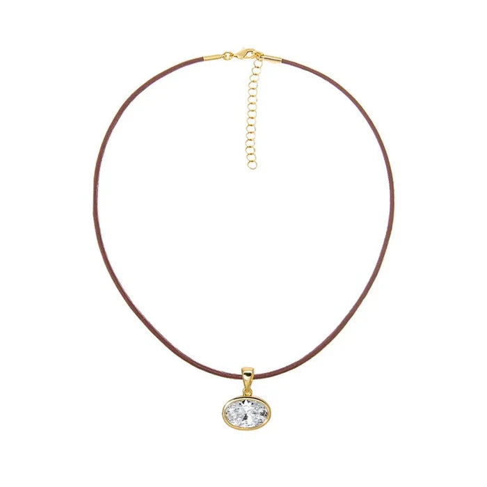 CZ Oval Bezel Charm & Rope Choker Necklace