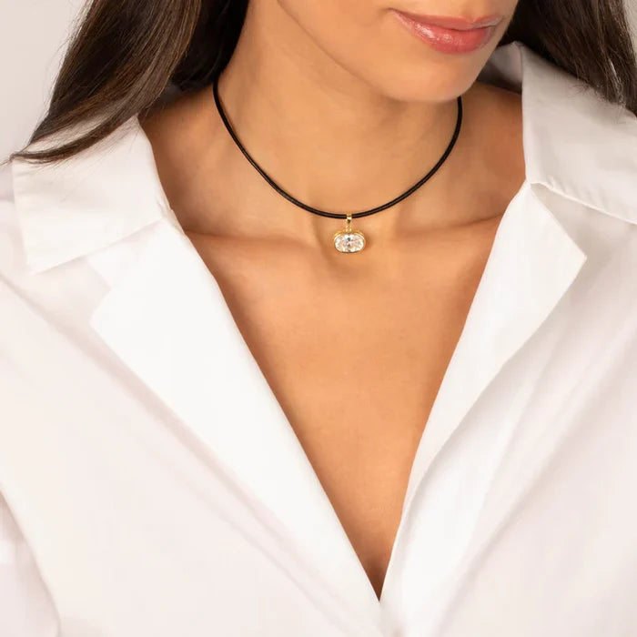 CZ Oval Bezel Charm & Rope Choker Necklace