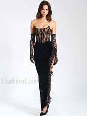 Gaia Black Lace Velvet Graceful Corset Side Slit Dress