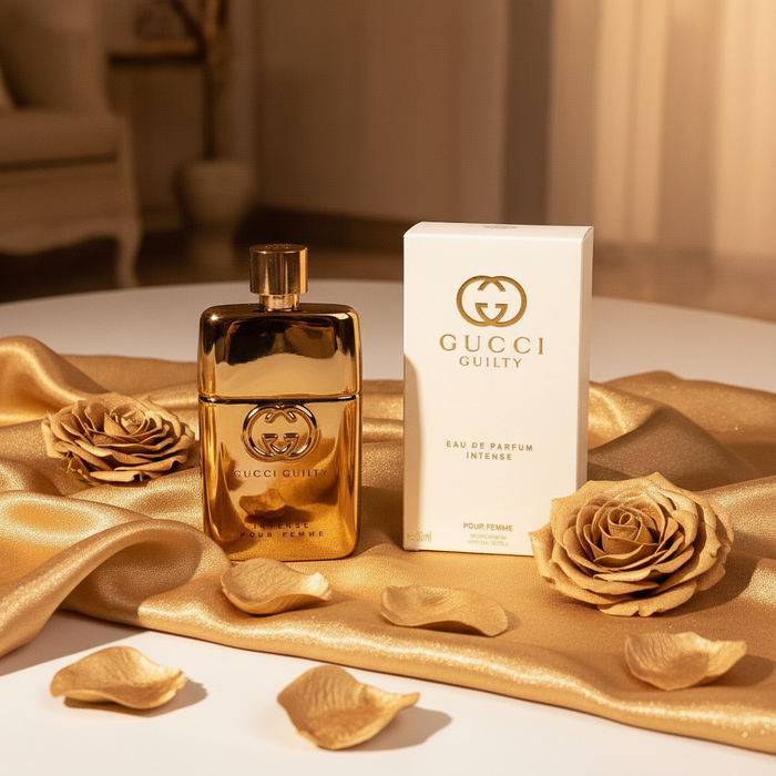 Gucci Guilty Intense Pour Femme flat lay pétalos dorados