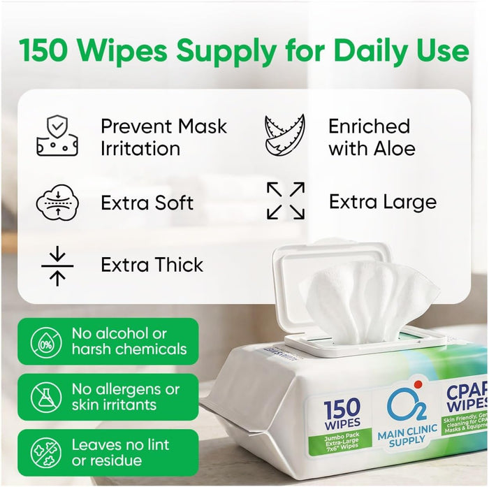 Main Clinic Supply CPAP Mask Cleaning Wipes – 150 Jumbo Count | Alcohol-Free, Unscented, Lint-Free CPAP Mask Wipes | 7" x 6" Cleaning Wipes for Masks, Cushions & Headgear