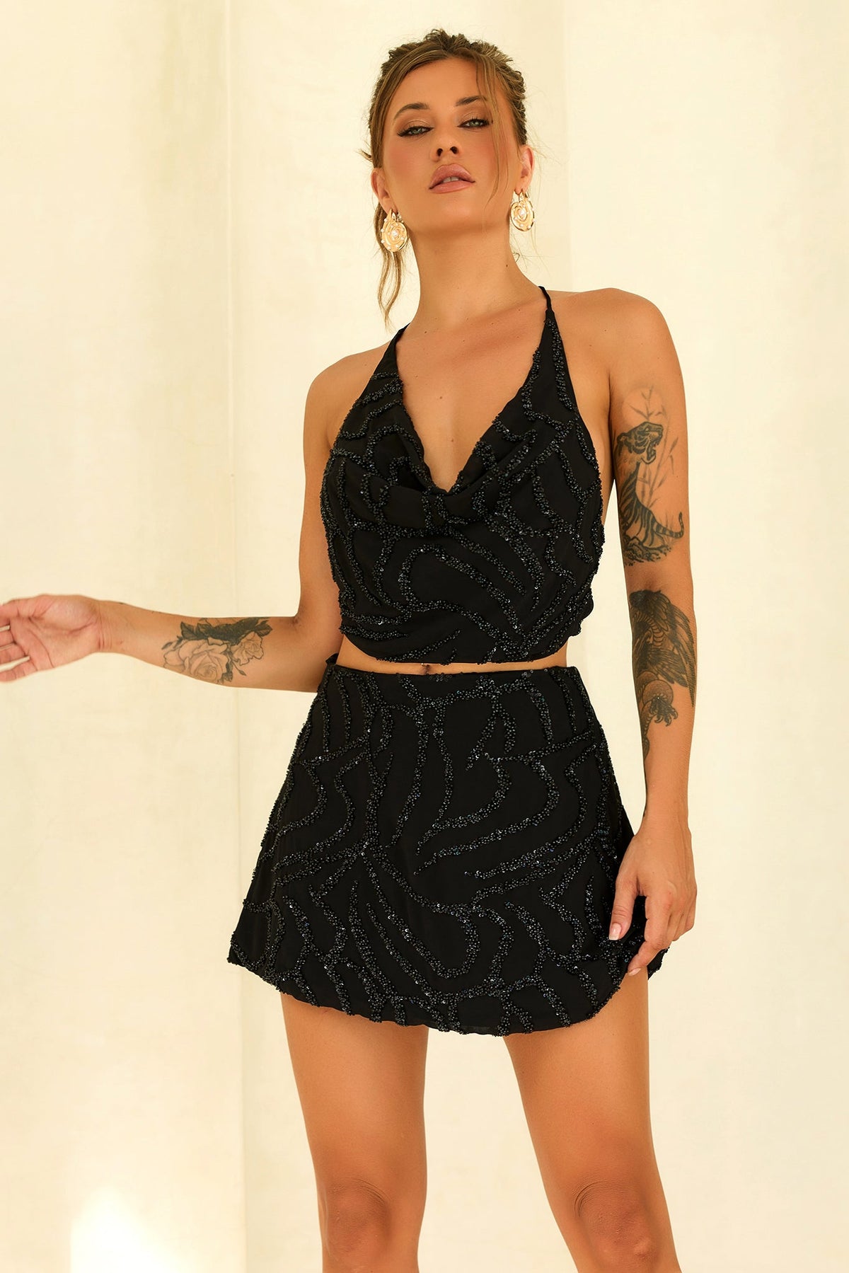 Moonlight Drive Beaded Chiffon Top - Black