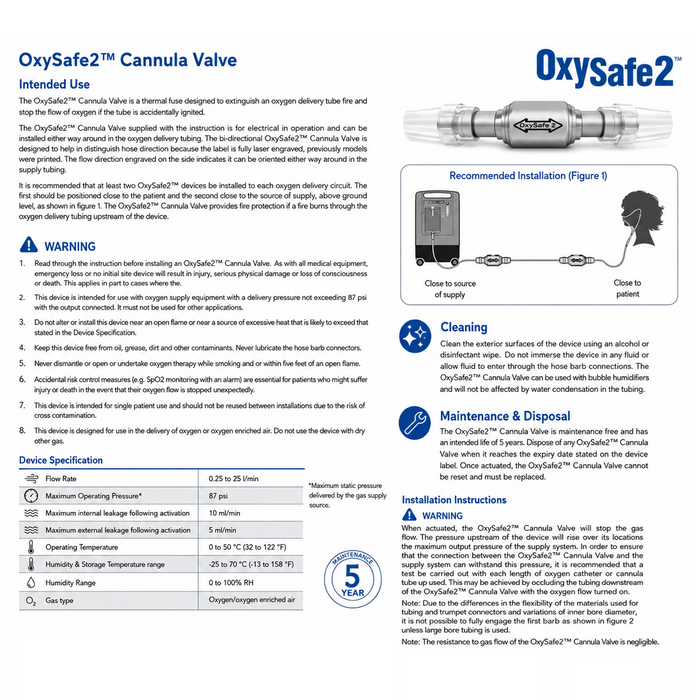 OxySafe2 Firesafe Cannula Valve Oxygen Supply Tubing Connector