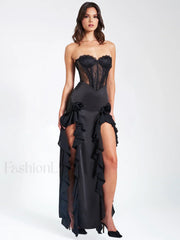 Talia Black Satin Charming Lace Corset Maxi Dress