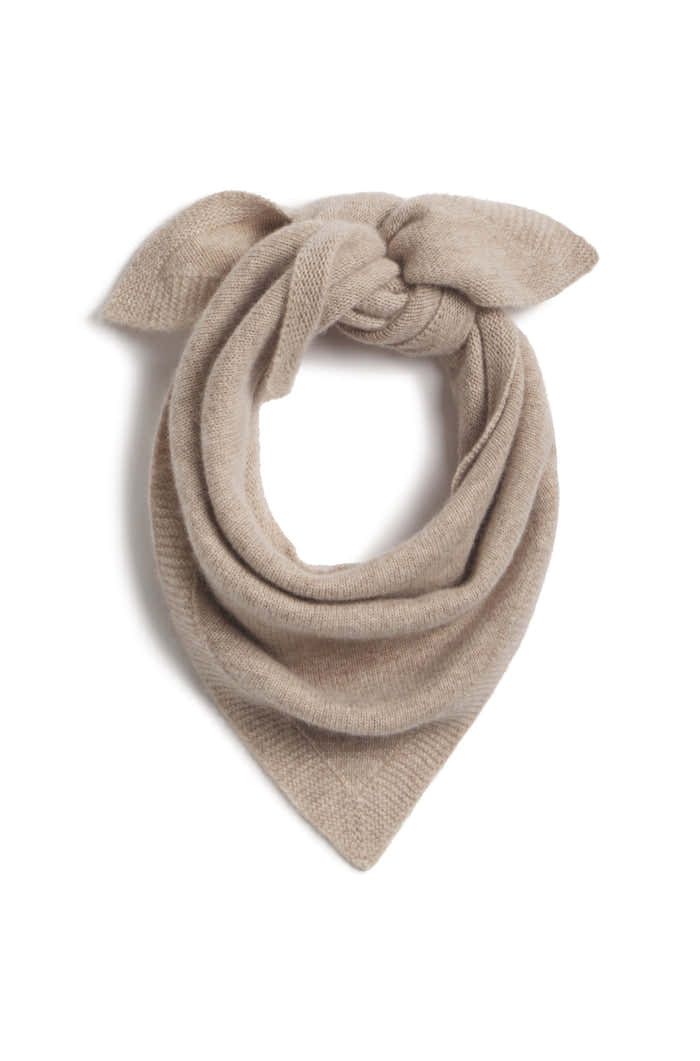 A knitted beige scarf tied in a knot at the top, displayed against a clean white background.