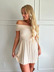 Vienna Beige Ribbed Knit Pleated Off Shoulder Mini Dress