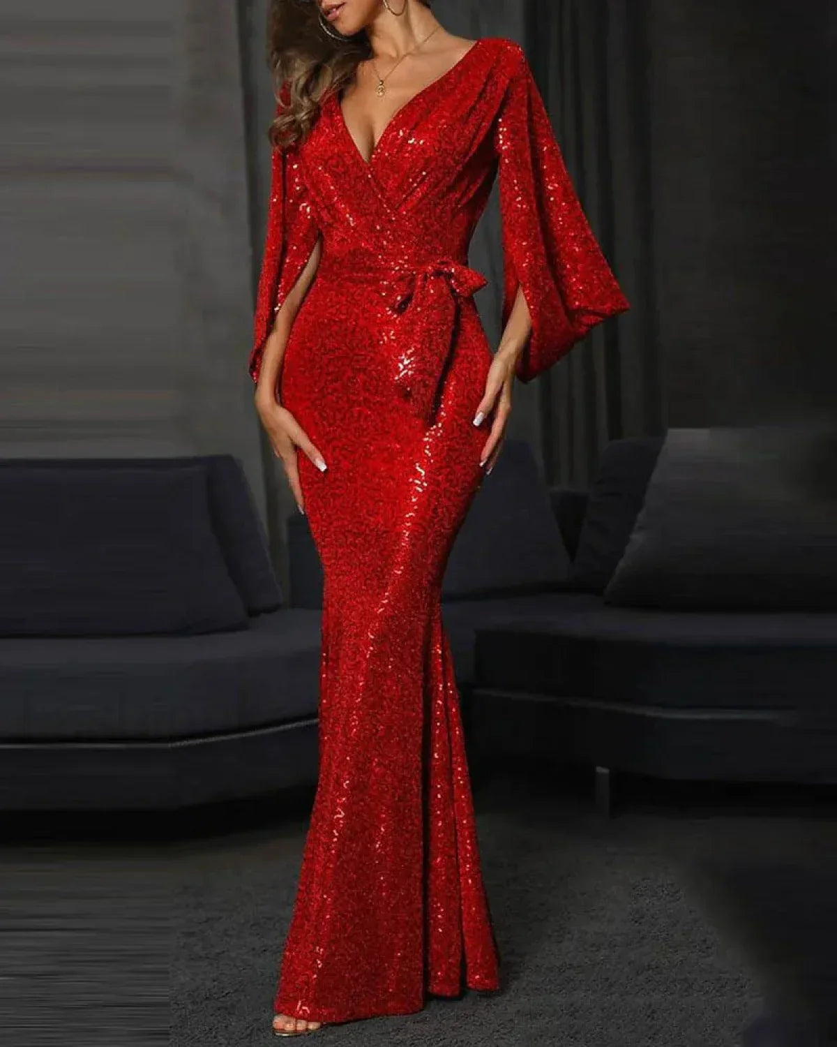 Women 2024 new Mermaid Trumpet Red Sexy Sequin Evening With Long Sleeves Custom made holiday long Prom Dress